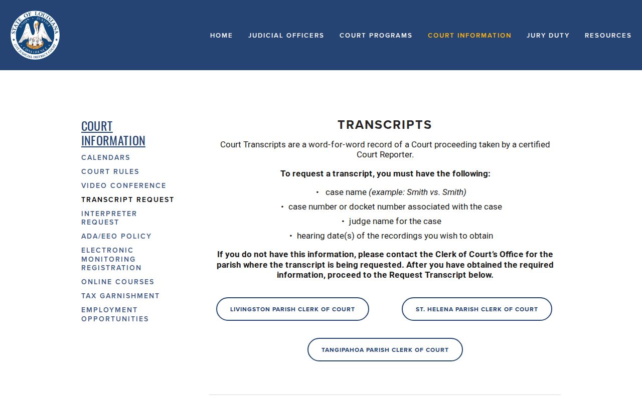 Amite City court docket 21st Judicial District Court transcript request route