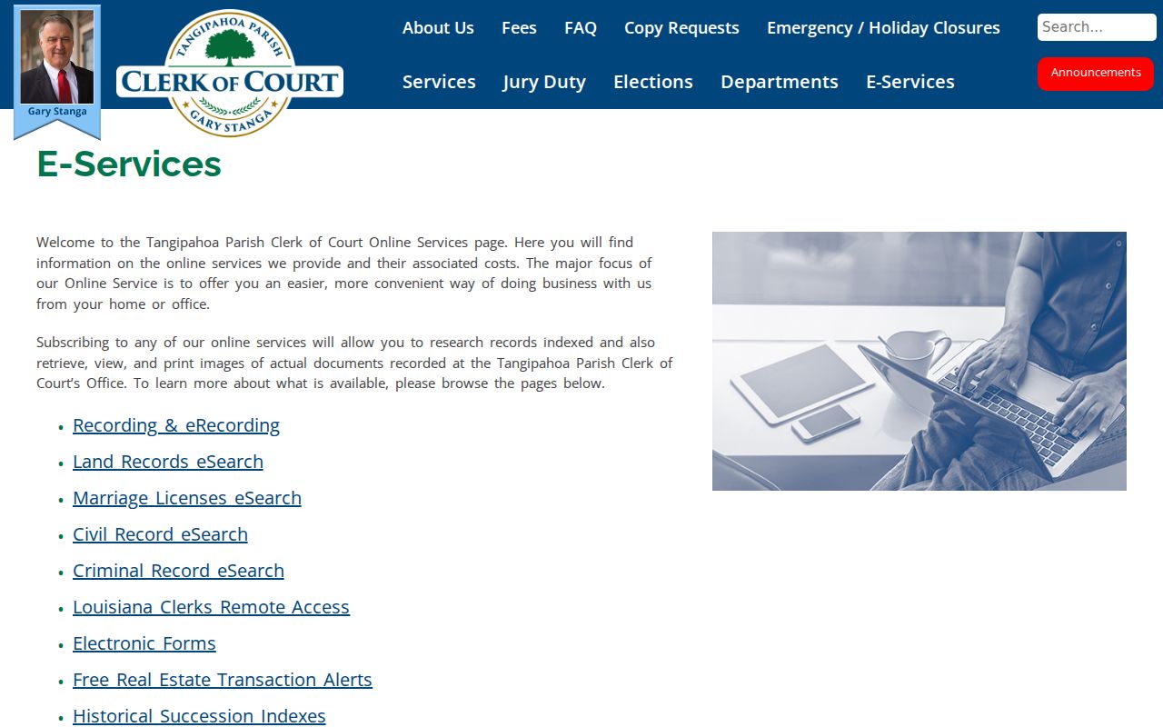 Tangipahoa Parish case search Clerk e-services landing page
