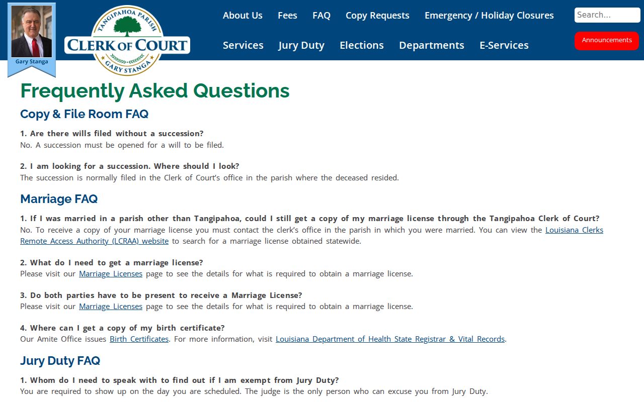 Tangipahoa Parish case search Clerk FAQ routes