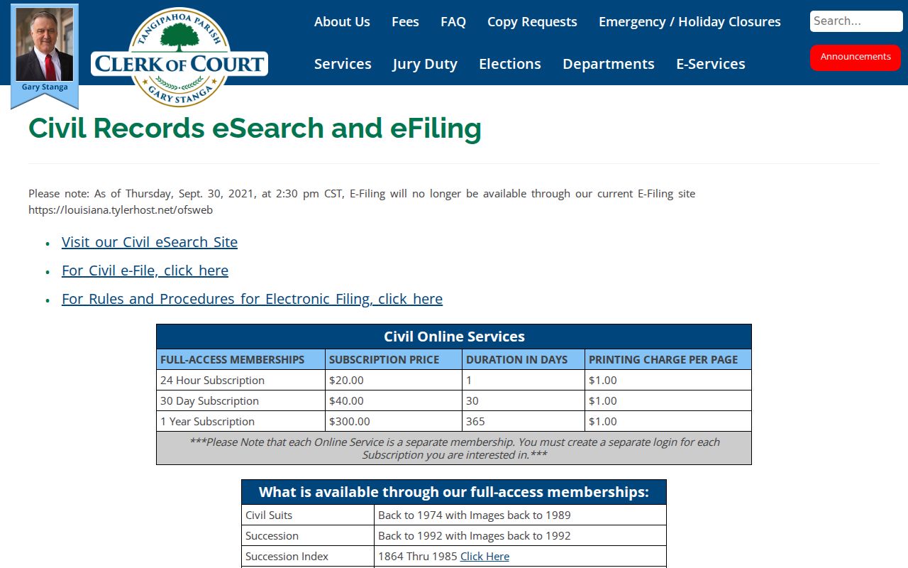 Tangipahoa Parish Clerk civil eSearch information page