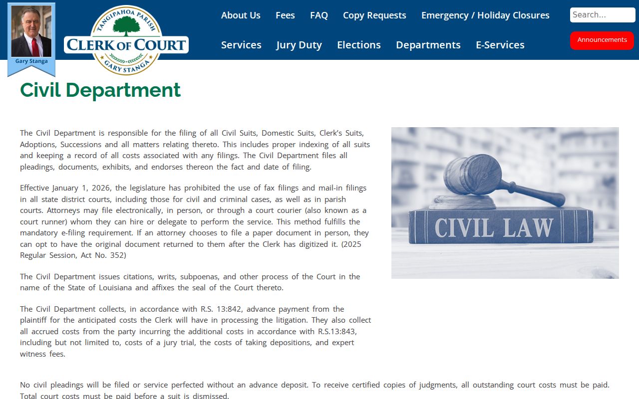 Tangipahoa Parish Clerk Civil Department page describing civil court services