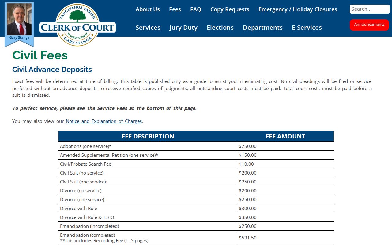 Tangipahoa Parish Clerk civil fee schedule for searches and advance deposits