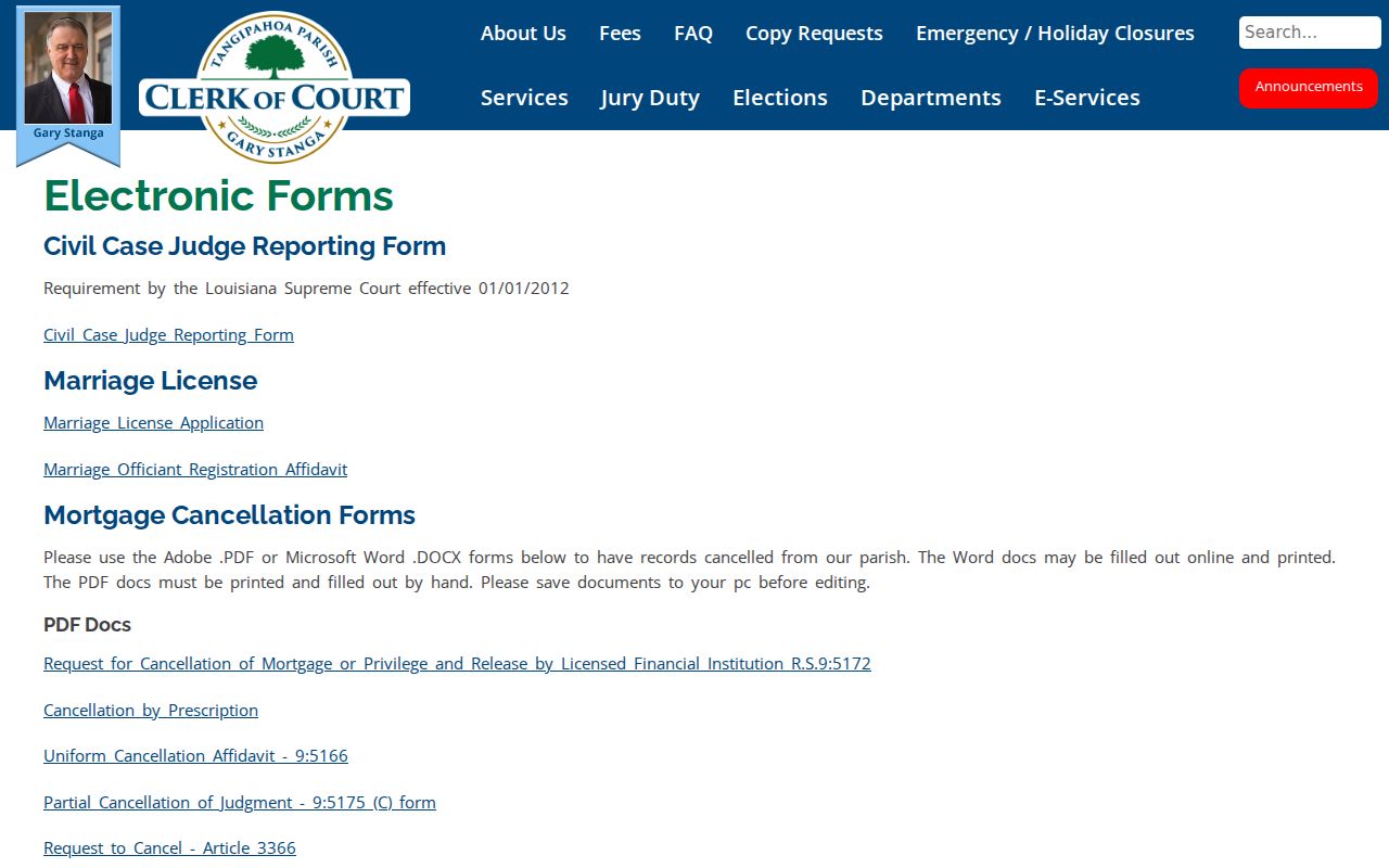 Tangipahoa Parish Clerk electronic forms page with civil and records categories