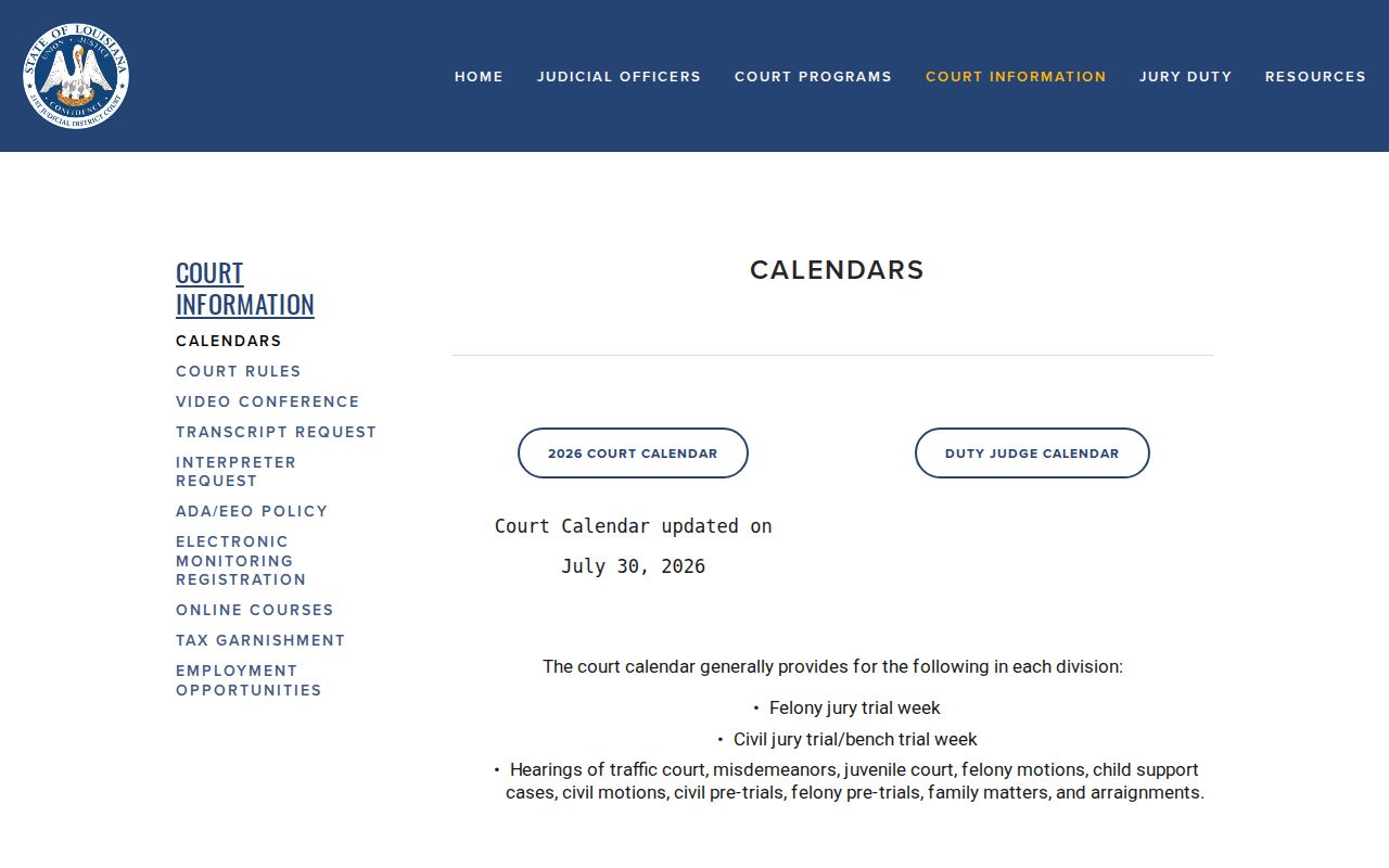 Tangipahoa Parish court calendar page with annual calendar and duty judge sources