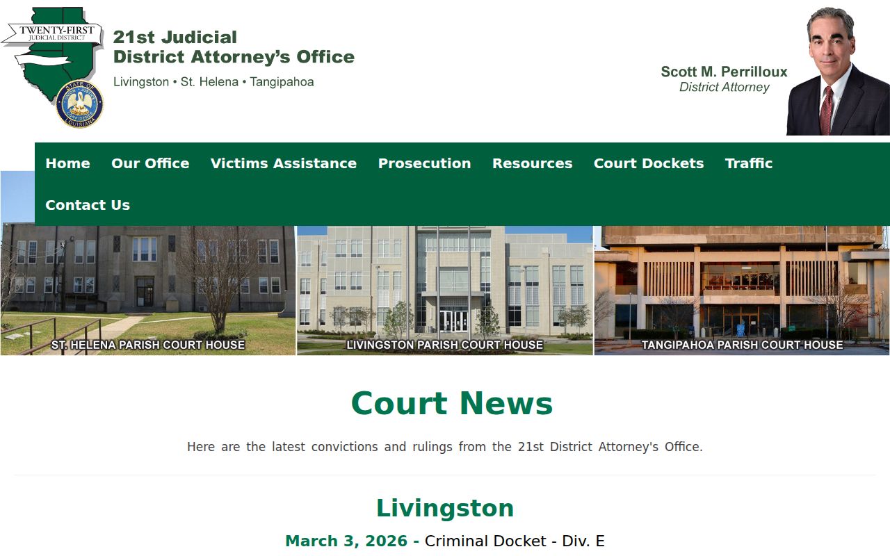 Tangipahoa Parish court calendar source for dated district attorney docket notices