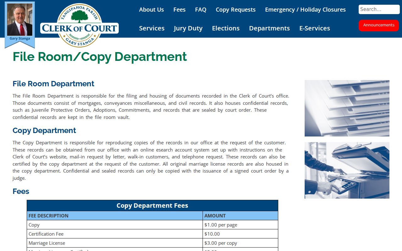 Tangipahoa Parish court record File Room and Copy Department instructions