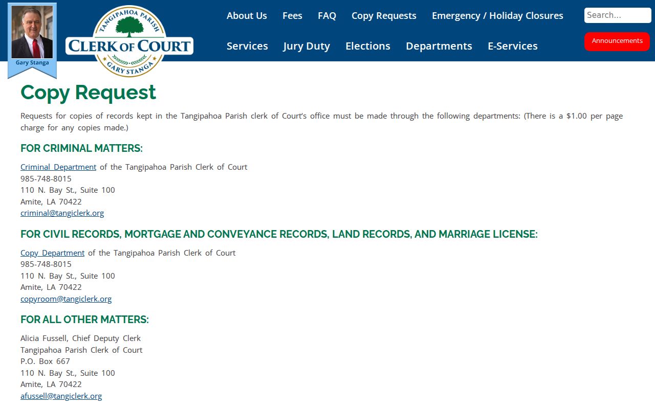 Tangipahoa Parish court record copy request department contacts