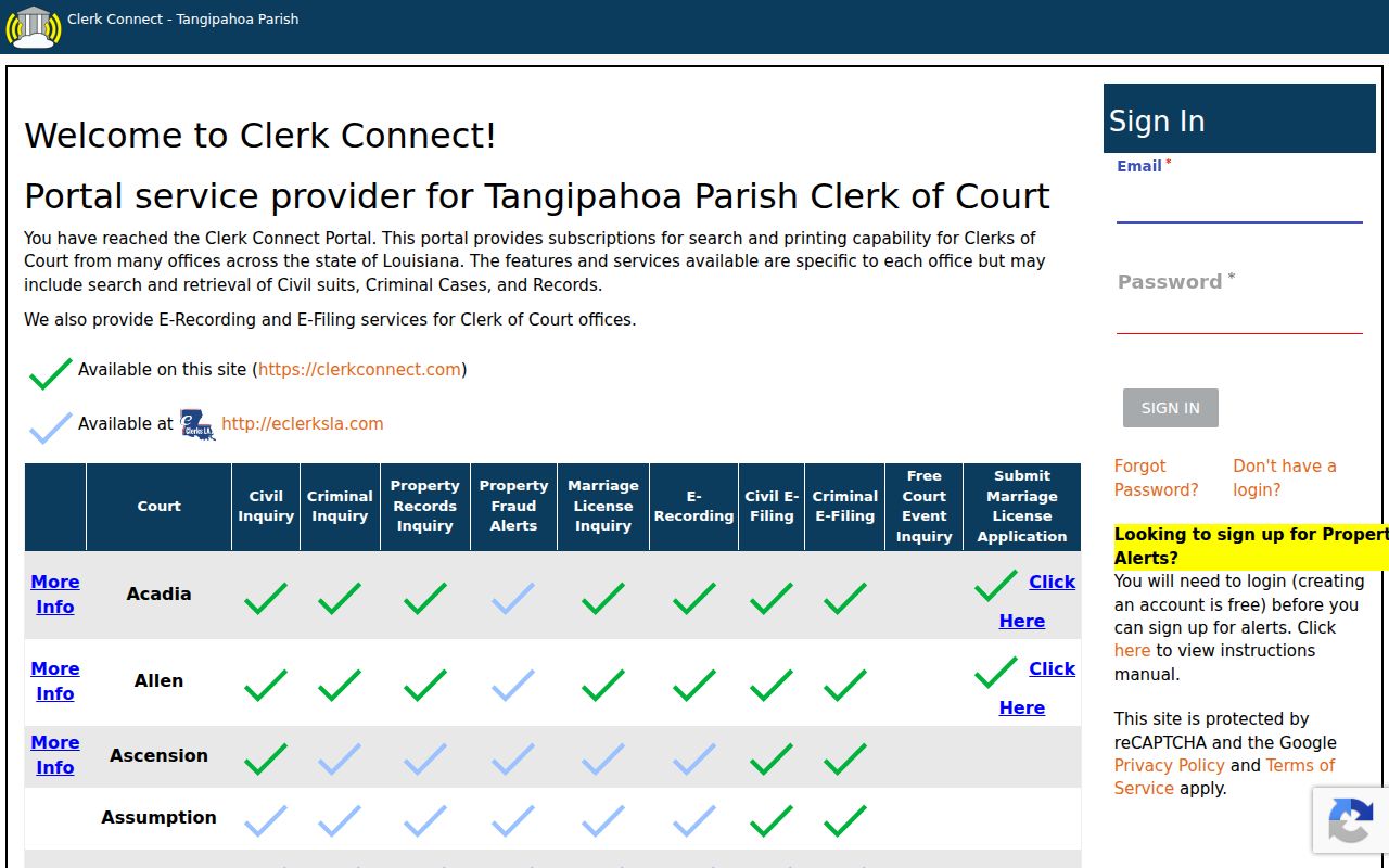 Tangipahoa Parish criminal docket ClerkConnect inquiry access screen