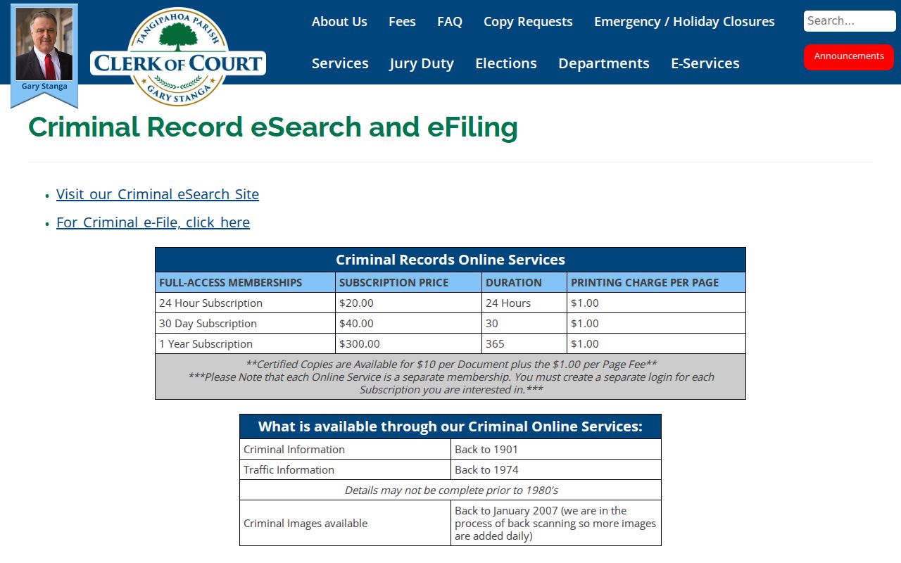 Tangipahoa Parish criminal docket eSearch historical coverage details