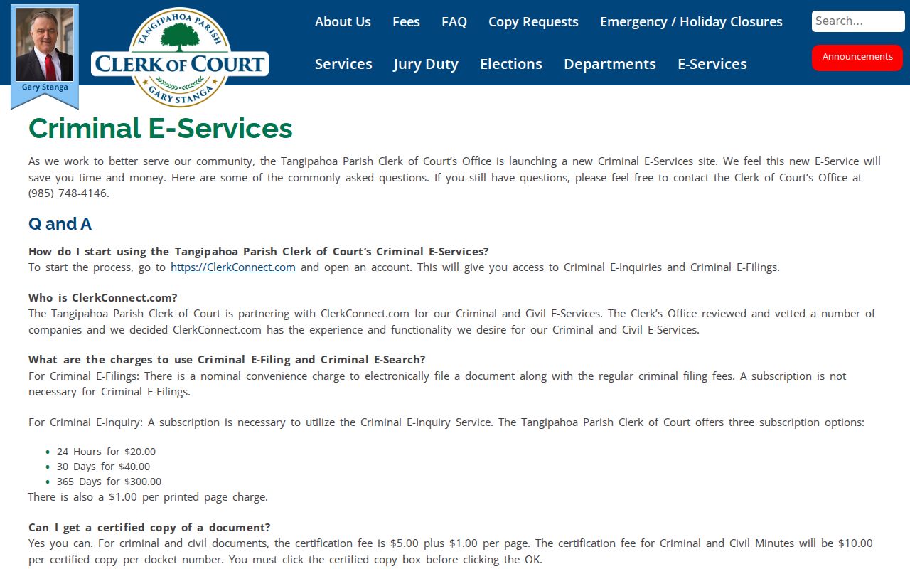 Tangipahoa Parish criminal docket e-services information
