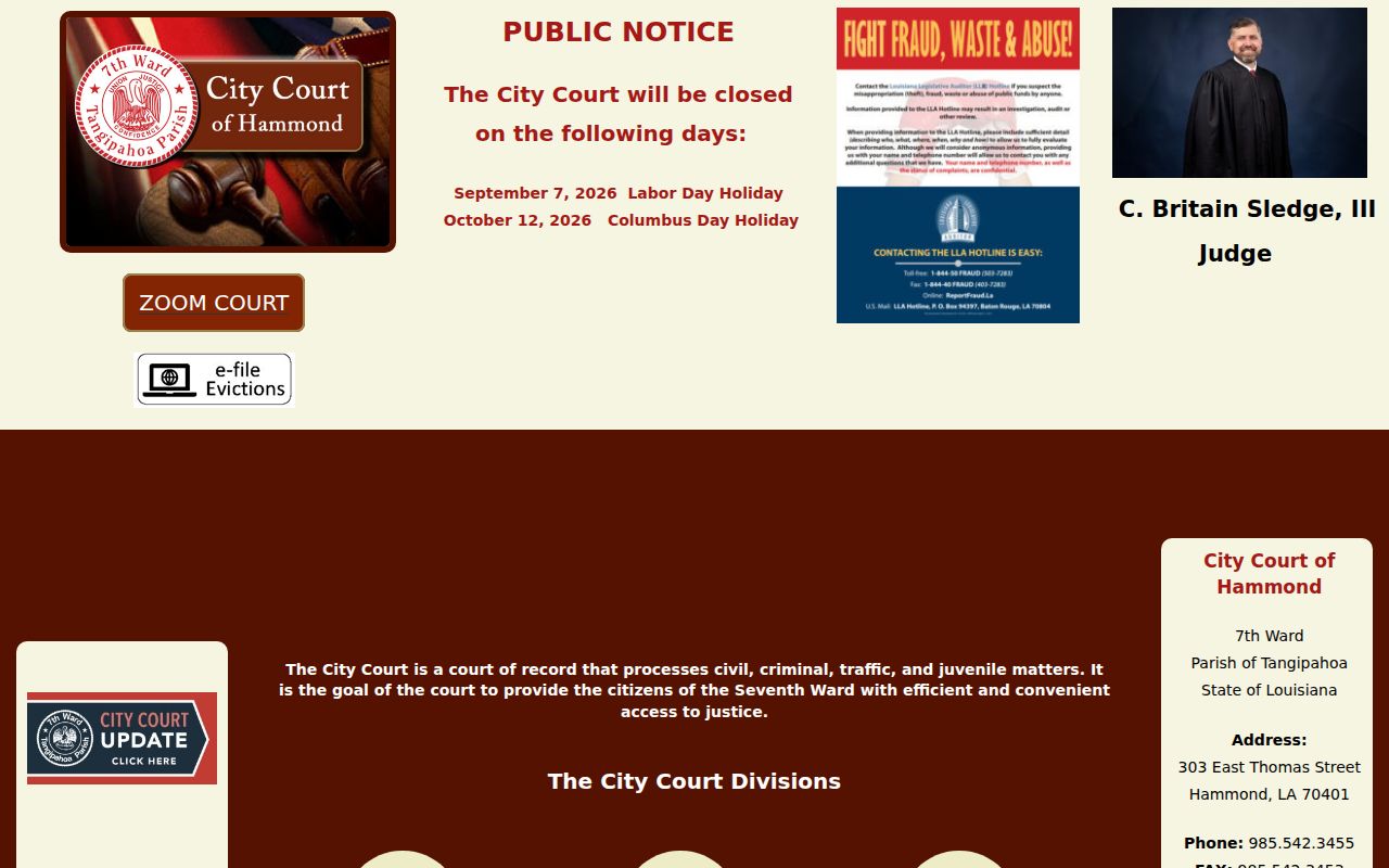 Hammond court docket City Court official information page