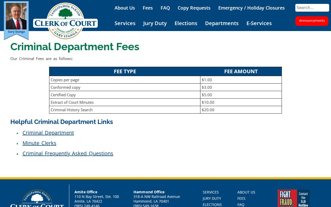 Tangipahoa Parish Clerk criminal record copy and certification fee schedule